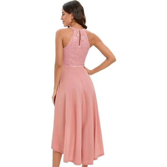 CBbonlinedress Women Size XL Pink High Low Halter Cocktail A-line Lace Dress - Picture 10 of 10